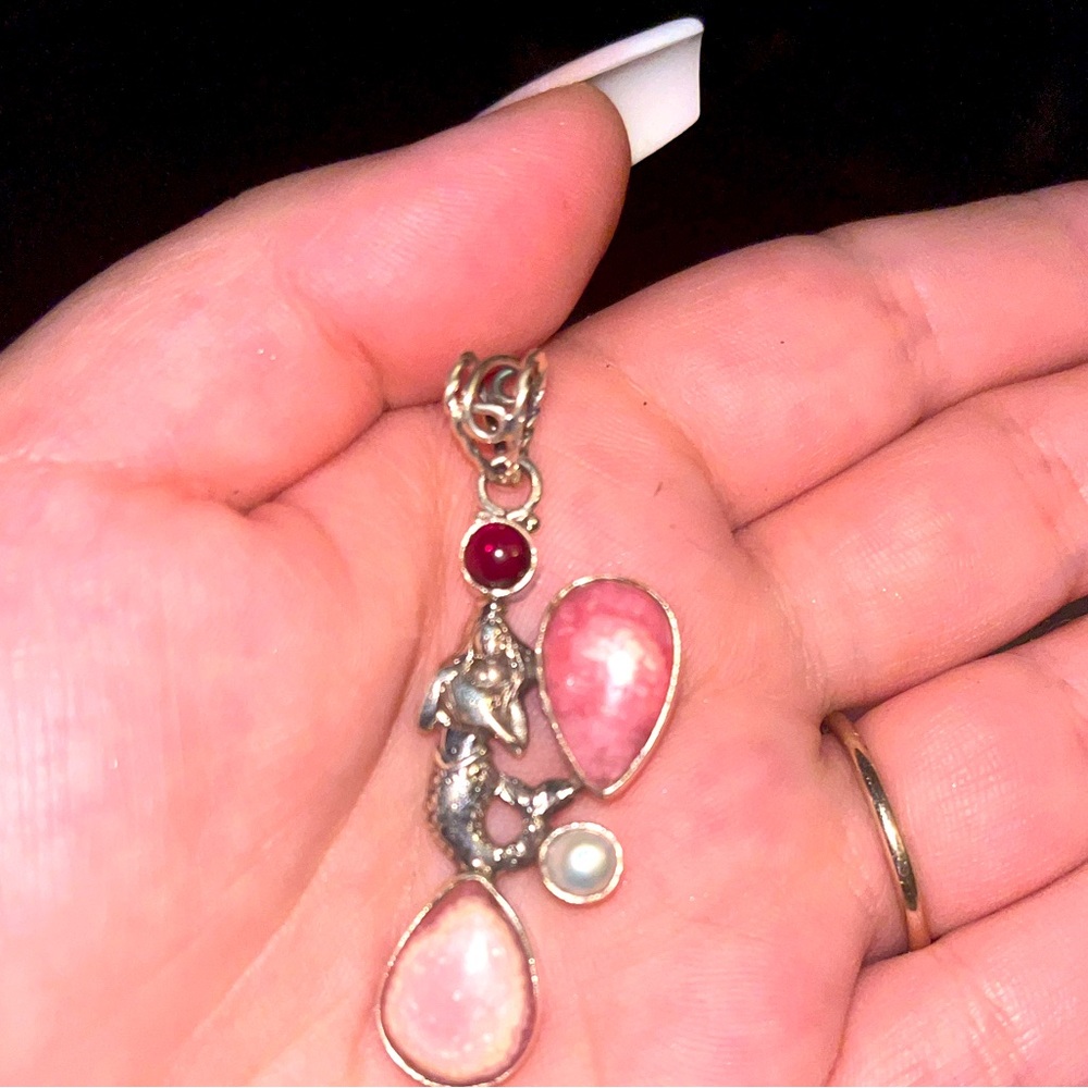 Mermaid Rose quartz pink tourmaline and ruby pendant 925 sterling silver